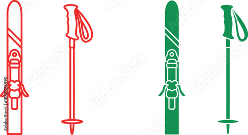 Red and green ski equipment with poles and bindings in a line style outline skis ski poles