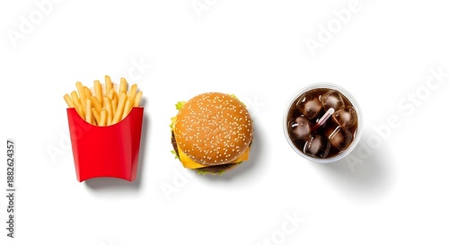 Top View of Classic Fast Food Combo Burger French Fries and Soda on White Background