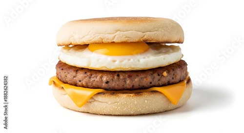 Sausage Egg and Cheese Breakfast Muffin Sandwich Isolated on White Background