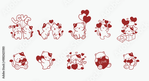 adorable valentine cats set with heart balloons, gifts and romantic poses in red line art style for love and celebration illustrations