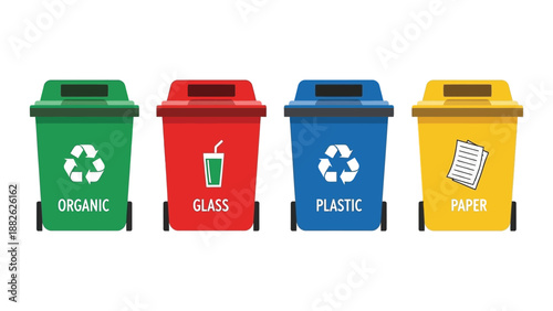 Color-coded rolling garbage bins for waste sorting and recycling