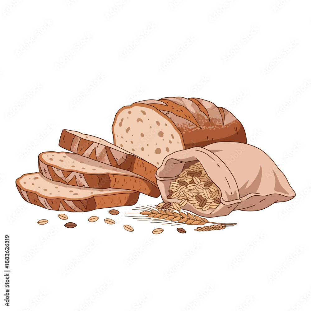 Obraz premium Artisan Bread Loaf Sliced with Wheat Grains and Sack - Healthy Food Illustration