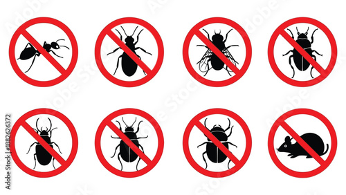 Prohibited pest icon set with red circle and slash symbols