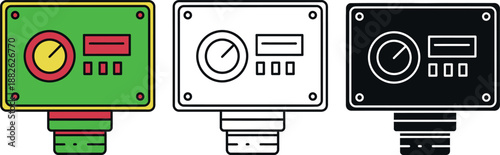 Three colored gauge panels with dials and indicators on green black and white backgrounds 1