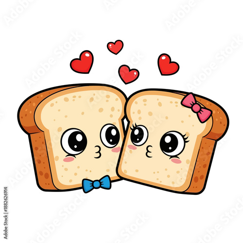 Cute Kawaii Toast Couple Kissing with Hearts