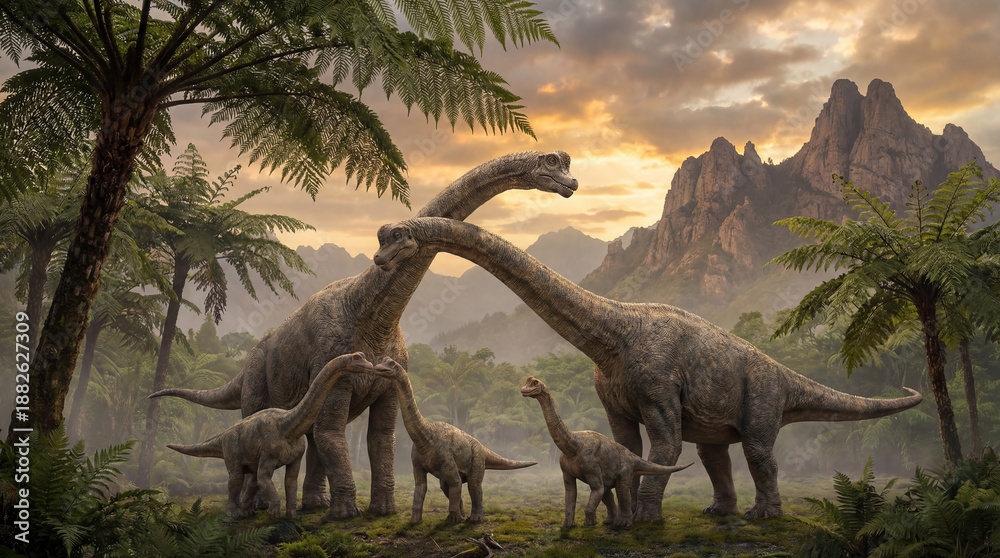 Fototapeta premium Family of Dinosaurs Together, Prehistoric Wildlife Concept 