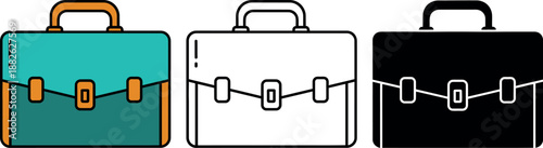 Three colorful briefcases with handles and straps in a row teal orange black