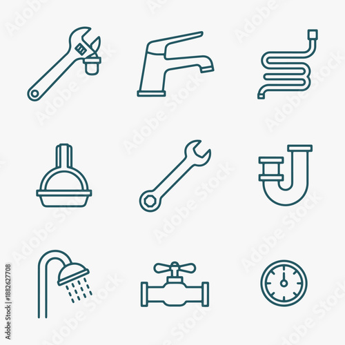 A set of Plumbing tools and fixtures line icons.