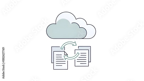 A cloud storage icon with documents syncing in a simple illustration