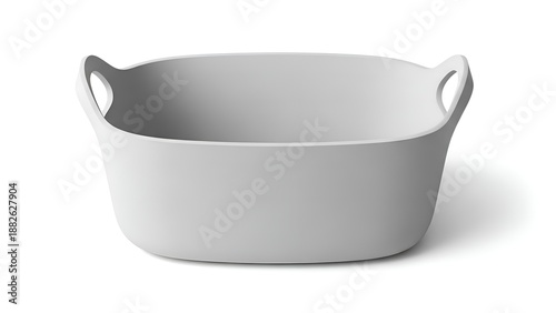 A large white ceramic bowl with handles on a plain background
