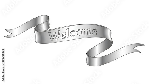 A silver ribbon banner with the word Welcome on a white background
