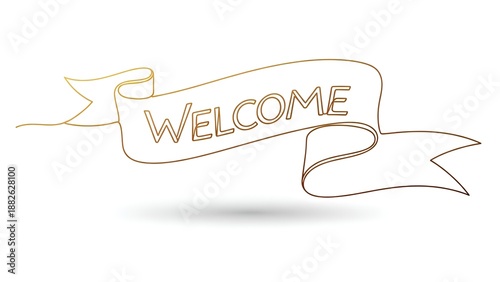 A golden welcome banner with a ribbon design on a white background