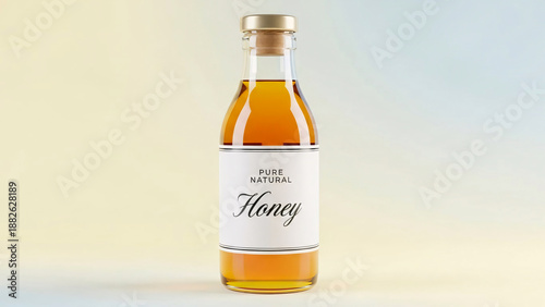 Bottle of honey syrup or golden liquid with white label