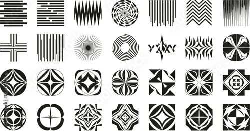 Abstract geometric pattern icons collection with modern shapes, lines and symmetry designs, decorative graphic elements for branding and backgrounds, black vector illustration isolated