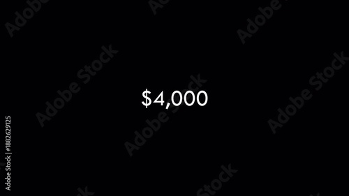 Dollar number counter animation from 0 to 10,000 in 4k for amount concept and financial or business use, animated dollar counting from zero to ten thousand  on transparent background. 