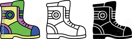 Three colorful illustrated boots with buttons and laces in different colors and styles 1