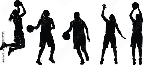 Basketball player silhouettes collection in action poses, dribbling and shooting movements, sports training and game icons, black vector illustration isolated