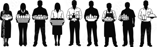 Bakery staff silhouettes collection holding bread and food trays, bakers and kitchen workers teamwork concept, catering service icons, black vector illustration isolated