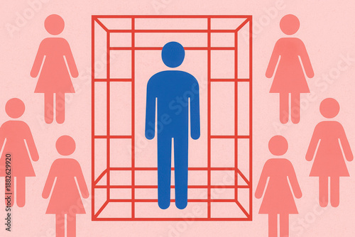 Abstract illustration of a man confined in a symbolic cage surrounded by women, representing gender roles and manosphere themes.