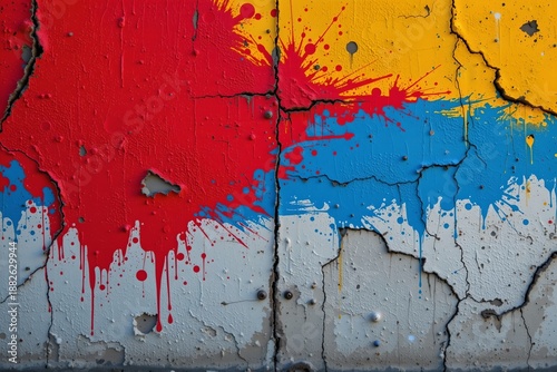 Ultra realistic paint in abstract red blue and yellow tones on aged concrete wall