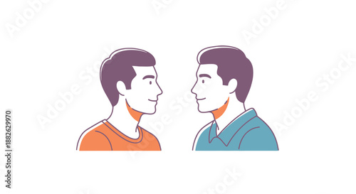 Two diverse men facing each other with smiles showing connection and understanding in a modern clean style artwork illustration