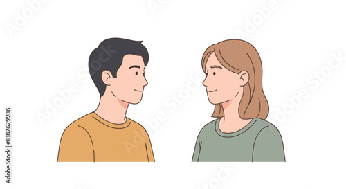 Man and woman facing each other in profile view with expressions of thoughtful connection and mutual understanding against a white background for