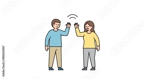 Friendly man and woman waving hello greeting from distance with communication waves symbol above hands representing connection and social interaction