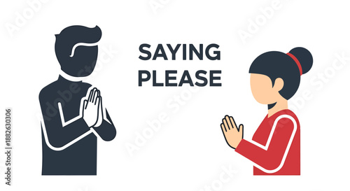Two people demonstrating polite communication with hands together expressing gratitude and respect in a greeting gesture for courtesy and good manners