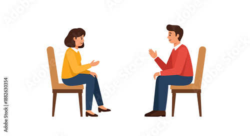 Two people sitting on chairs and talking facing each other in a professional discussion or counseling session