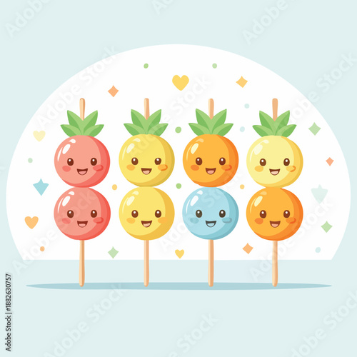 Cheerful Fruit Skewers: An array of adorable fruit skewers, each featuring a delightful arrangement of colorful, smiling fruits on wooden sticks, are arranged against a whimsical backdrop.