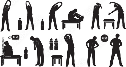 Black silhouettes of people exercising and stretching with equipment