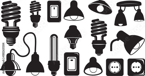 Collection of various light bulbs and lamps icons set