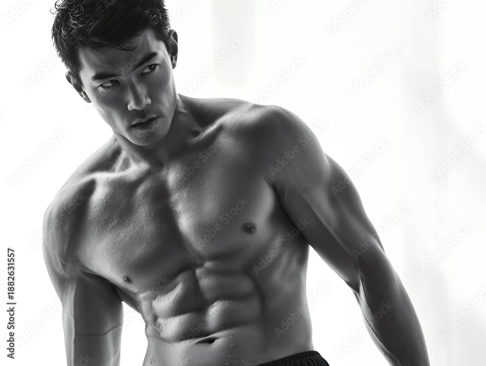 Fototapeta premium 引き締まった筋肉美を魅せるアスリート男性の上半身モノクロ表現