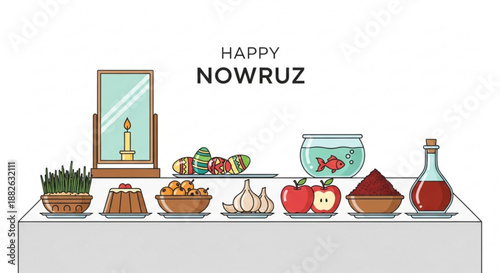 Nowruz celebration table with traditional items and foods on white background