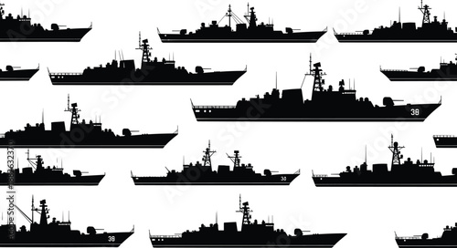 Military warship silhouettes collection isolated on white background, naval destroyers and battleships profiles, defense fleet, black vector illustration