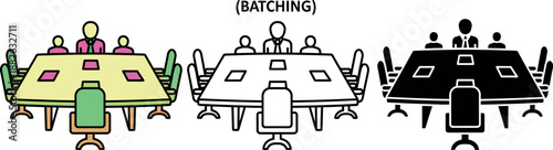 Three groups of people sitting around separate tables with laptops and documents 1