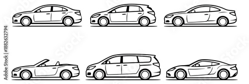 Hand drawn line art vehicle set featuring various car types for transportation concepts