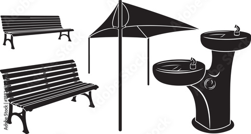 Black and white illustration of outdoor furniture and sink