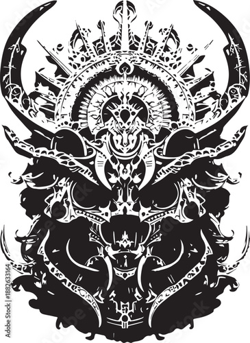 Dark Artwork: A striking monochrome illustration of a intricate detailed design. An artistic depiction. A gothic, mysterious, and awe-inspiring aesthetic that tells a story and sparks the imagination.