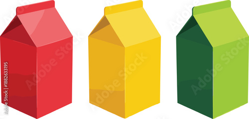 Colorful milk carton packaging set, red yellow green beverage boxes, flat vector illustration, modern food container design