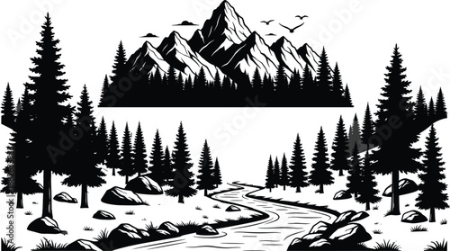 Mountain landscape silhouettes with river and pine forest, scenic wilderness nature illustration, outdoor adventure and travel background, black vector illustration isolated