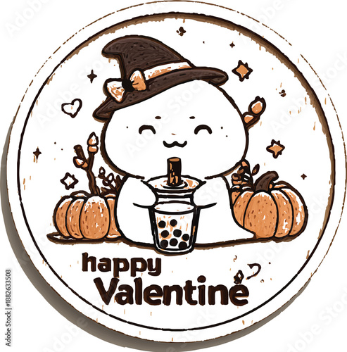 Valentine's Bubble Tea Delight: A charming, whimsical illustration depicts a cute, ghostly figure enjoying bubble tea, wearing a witch hat and surrounded by pumpkins, with a Happy Valentine message.