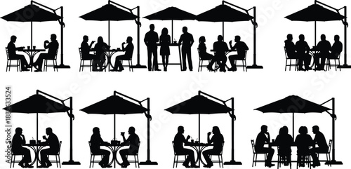 Outdoor cafe silhouettes collection with people dining under umbrellas, restaurant terrace social scenes, urban leisure lifestyle icons, black vector illustration isolated