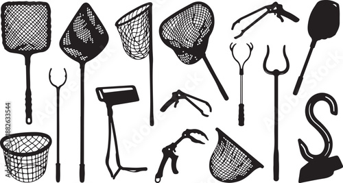 Fishing tools and equipment illustration in black and white