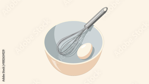 Bowl with Whisk and Egg for Baking or Cooking Preparation.