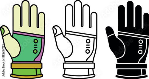 Three stylized gloves in green yellow and black with different patterns and textures 1