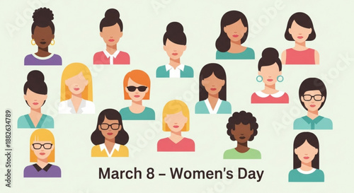 Diverse women celebrate international women's day on march 8 with colorful cartoon portraits
