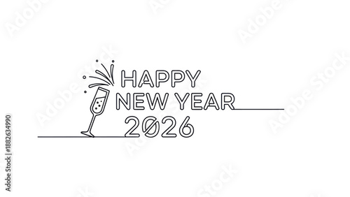 Happy New Year 2026 text with champagne glass and bubbles, minimalist line art