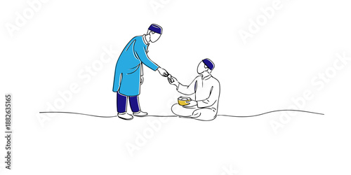 Line art illustration of a Muslim man giving charity during the fasting month. Hand drawn artwork symbolizing generosity, compassion, Ramadan spirit, social care, and Islamic values.