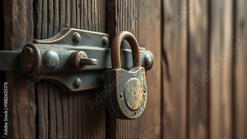 plurality. Rusted iron hasp and padlock secured to an old wooden warehouse door. real-estate listings, architecture portfolios, designed for real-estate listing and luxury residence showcases.